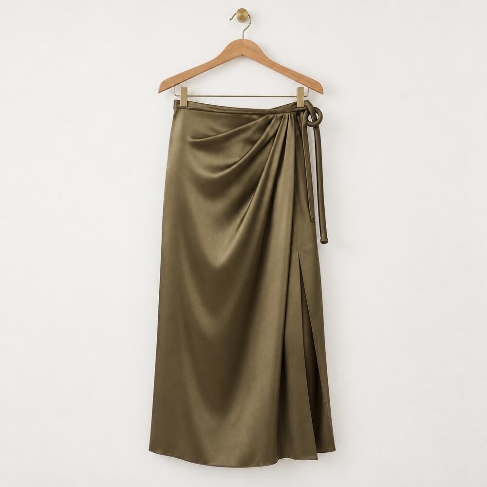 Nanushka Lea Satin Draped Wrap Midi Skirt Dark Khaki Olive Green S NWT